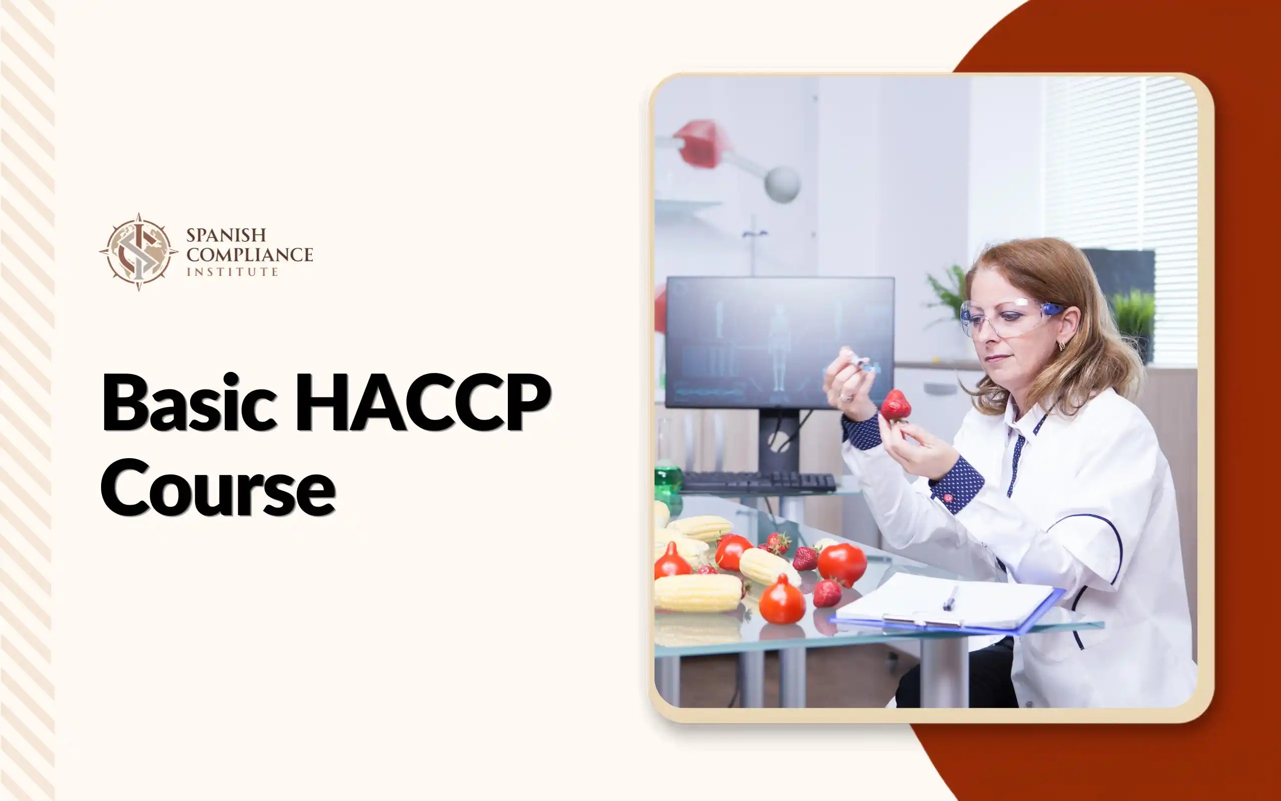 Quality control professional inspecting a strawberry in a laboratory setting during Basic HACCP Course
