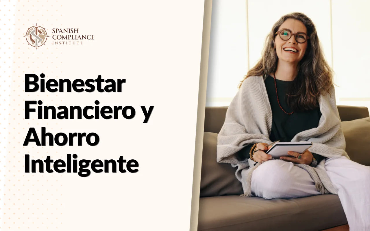 Banner promocional del curso Bienestar Financiero y Ahorro Inteligente con una mujer tomando notas de finanzas personales.