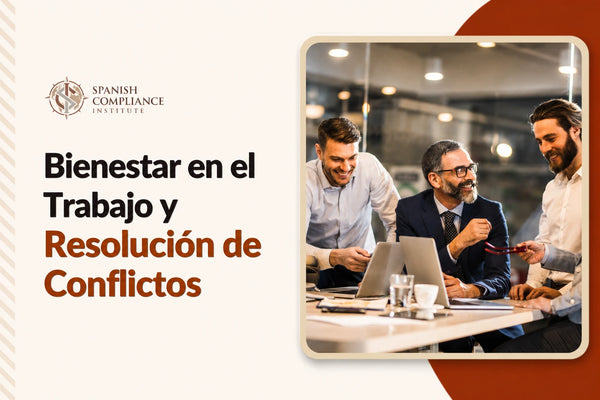 Curso de Bienestar en el Lugar de Trabajo y Resolución de Conflictos que abarca el bienestar de los empleados, la resolución de conflictos, la comunicación eficaz, la gestión del estrés y el fomento de una cultura laboral positiva.