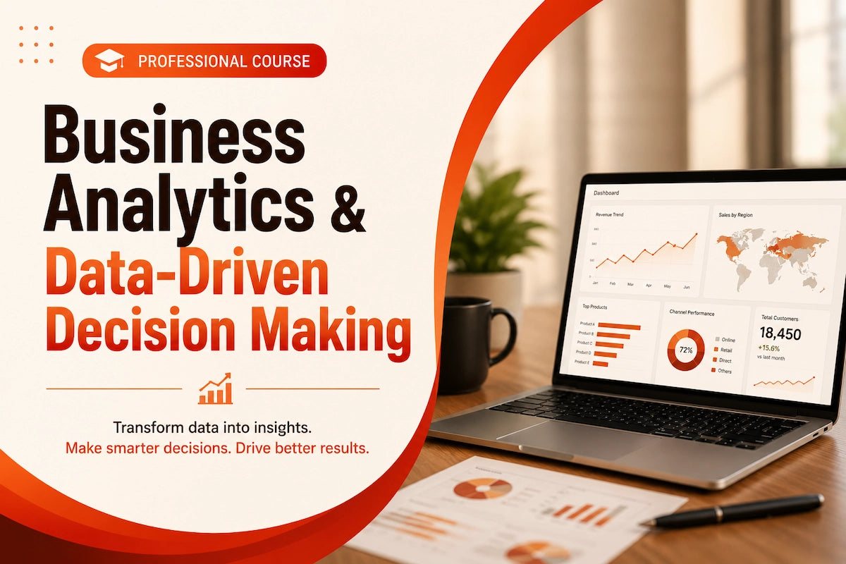 Professional business analytics course banner featuring a laptop dashboard with charts, KPIs, data visualizations, and analytics reports focused on data-driven decision making for businesses.