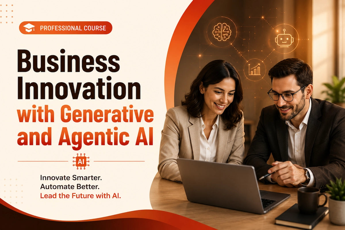 Modern AI business innovation course banner showing two professionals working on a laptop with generative AI, automation, analytics, and agentic AI technology icons in a professional office setting.