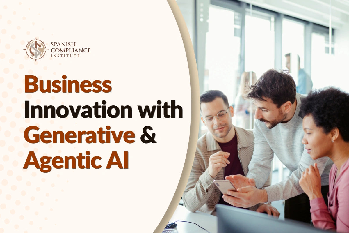 Modern AI business innovation course banner showing two professionals working on a laptop with generative AI, automation, analytics, and agentic AI technology icons in a professional office setting.