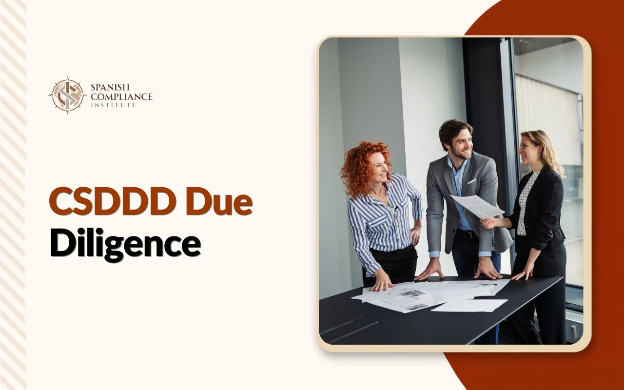 Team of professionals performing CSDDD due diligence for corporate sustainability, ESG compliance, and responsible supply chain management.
