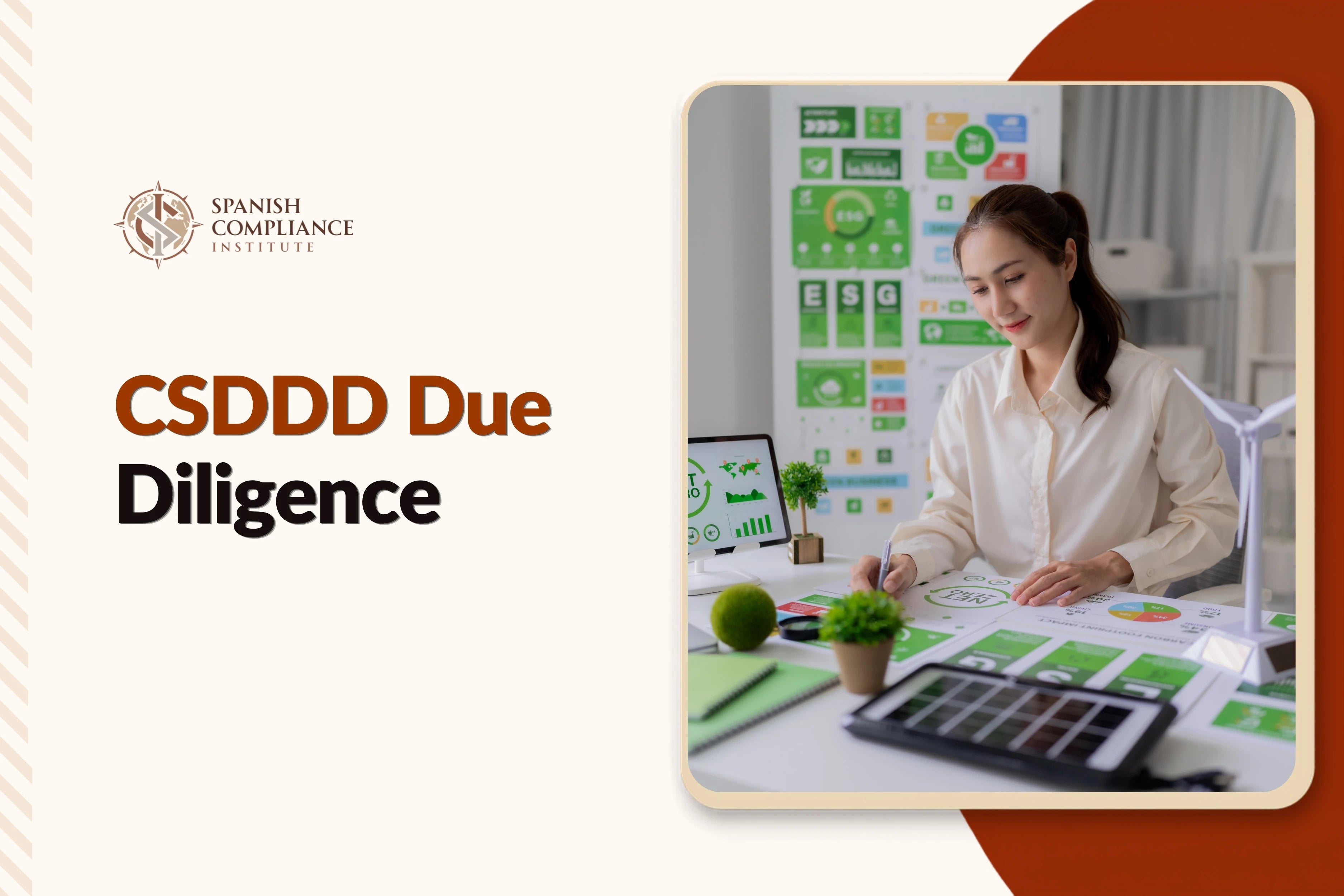 CSDDD Due Diligence course cover featuring a professional reviewing a due diligence document beside a laptop, with supply chain sustainability displayed in the background.