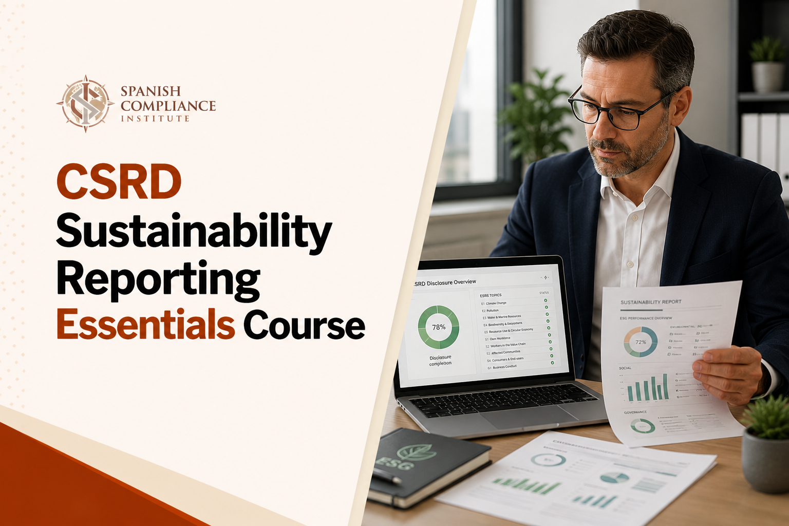 CSRD Sustainability Reporting Essentials Course cover featuring a business professional reviewing sustainability reports beside a laptop with a CSRD disclosure dashboard.