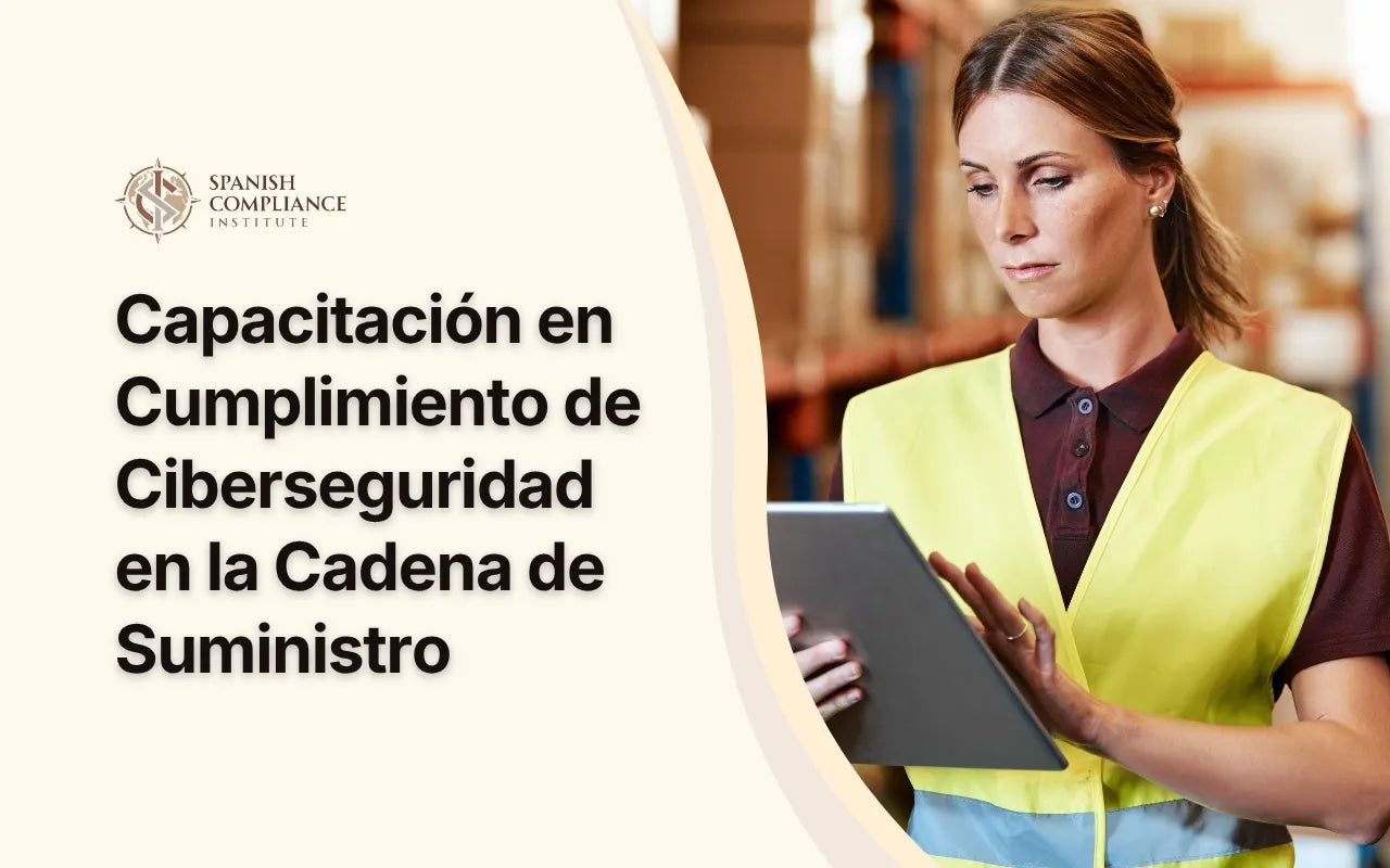 Banner informativo del curso Capacitación en Cumplimiento de Ciberseguridad en la Cadena de Suministro, mostrando a una empleada de almacén gestionando datos en una tableta.