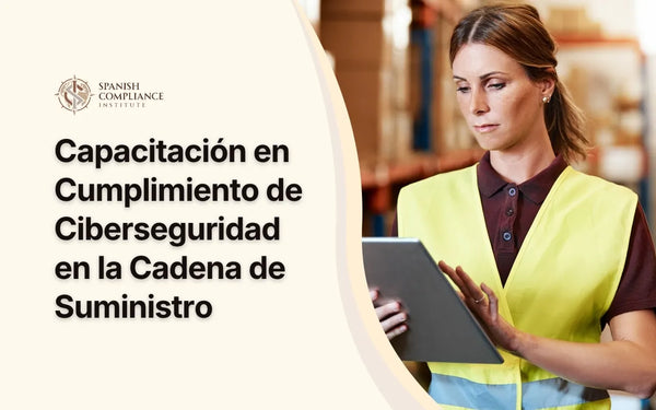 Banner informativo del curso Capacitación en Cumplimiento de Ciberseguridad en la Cadena de Suministro, mostrando a una empleada de almacén gestionando datos en una tableta.