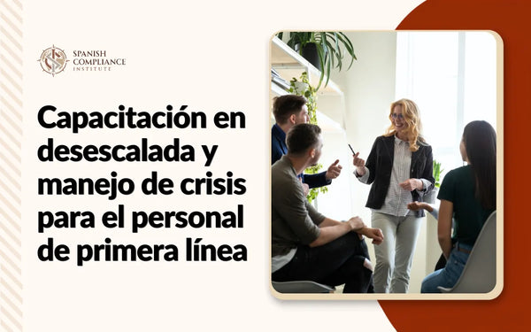 Una profesional de atención al público gestionando una conversación con calma mientras toma notas, representando el curso Capacitación en desescalada y manejo de crisis para el personal de primera línea de Spanish Compliance Institute.