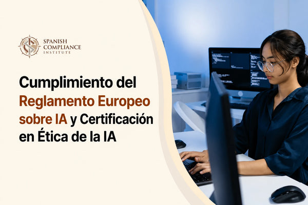 Portada del curso "Certificación en Cumplimiento del Reglamento de IA de la UE y Ética de la IA", con una mujer revisando documentos junto a un ordenador portátil y un teléfono inteligente.