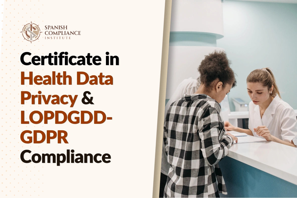 Certificate in Health Data Privacy and LOPDGDD-GDPR Compliance course cover featuring a laptop, stethoscope, clipboard, and digital health data security icons.