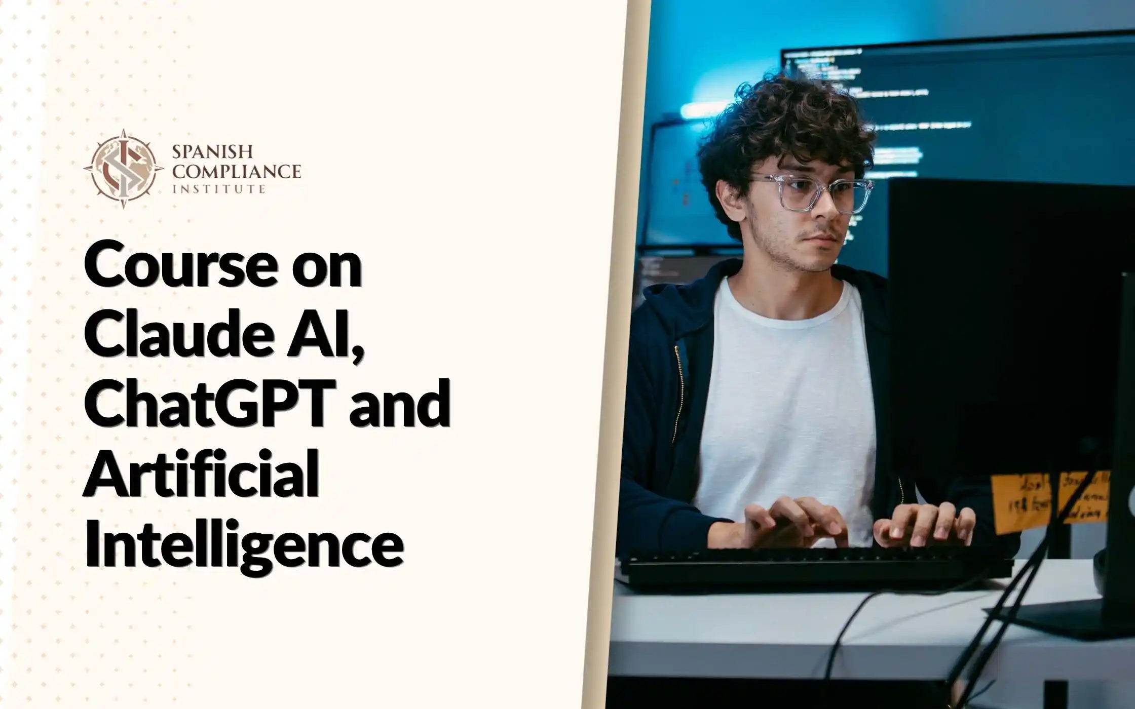 Course on Claude AI, ChatGPT and Artificial Intelligence cover image showing a tech professional coding at a computer workstation.