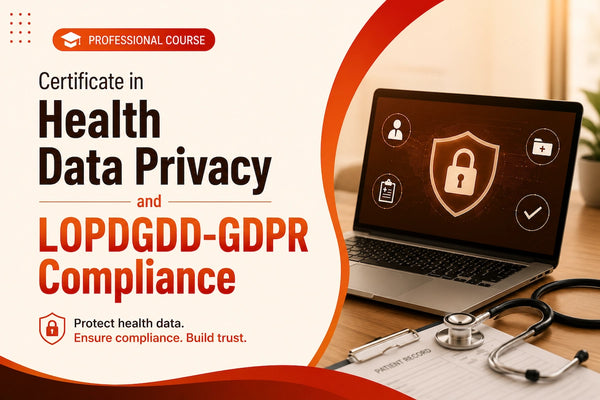 Healthcare data privacy certification banner showing a laptop with cybersecurity and GDPR protection graphics alongside medical records and a stethoscope representing health data compliance and patient privacy.