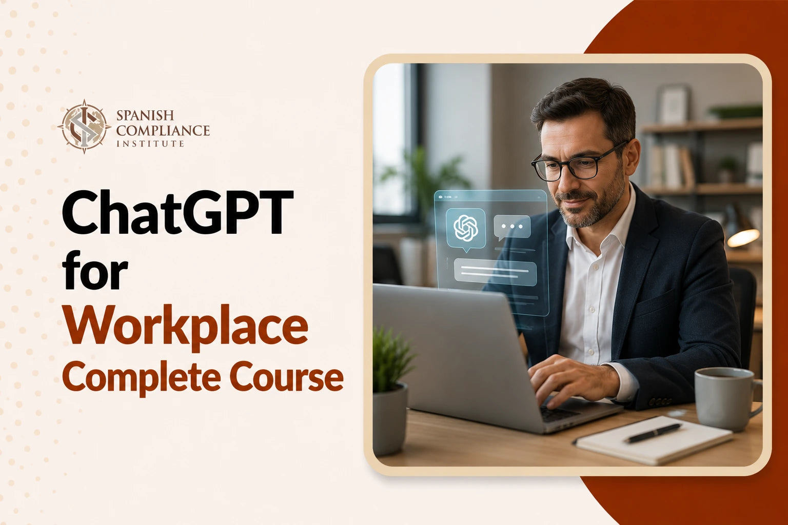 ChatGPT for Workplace Complete Course cover featuring a business professional using a laptop with a ChatGPT-style AI interface overlay.
