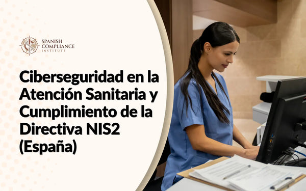 Profesional de la salud usando ordenador para la formación sobre Ciberseguridad en la Atención Sanitaria y Directiva NIS2 en España.