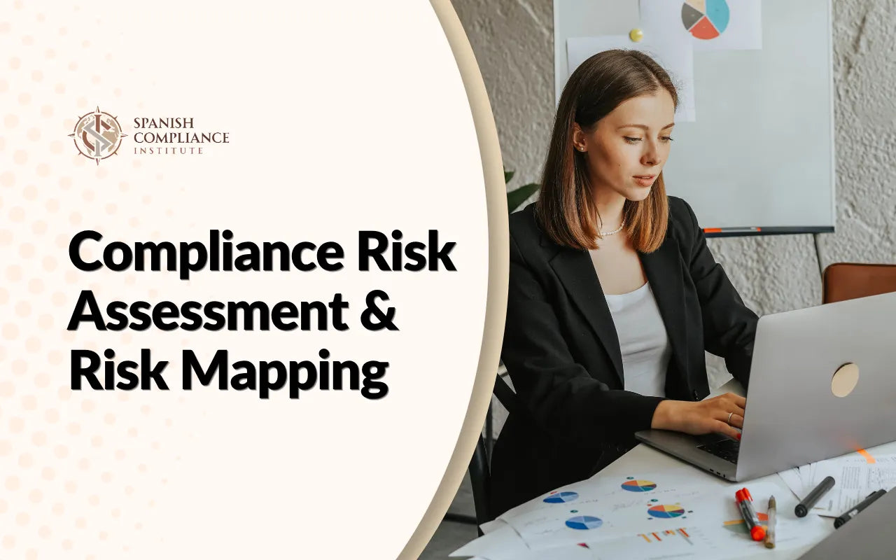Female professional analyzing risk pie charts on a laptop next to Compliance Risk Assessment & Risk Mapping course title by Spanish Compliance Institute.