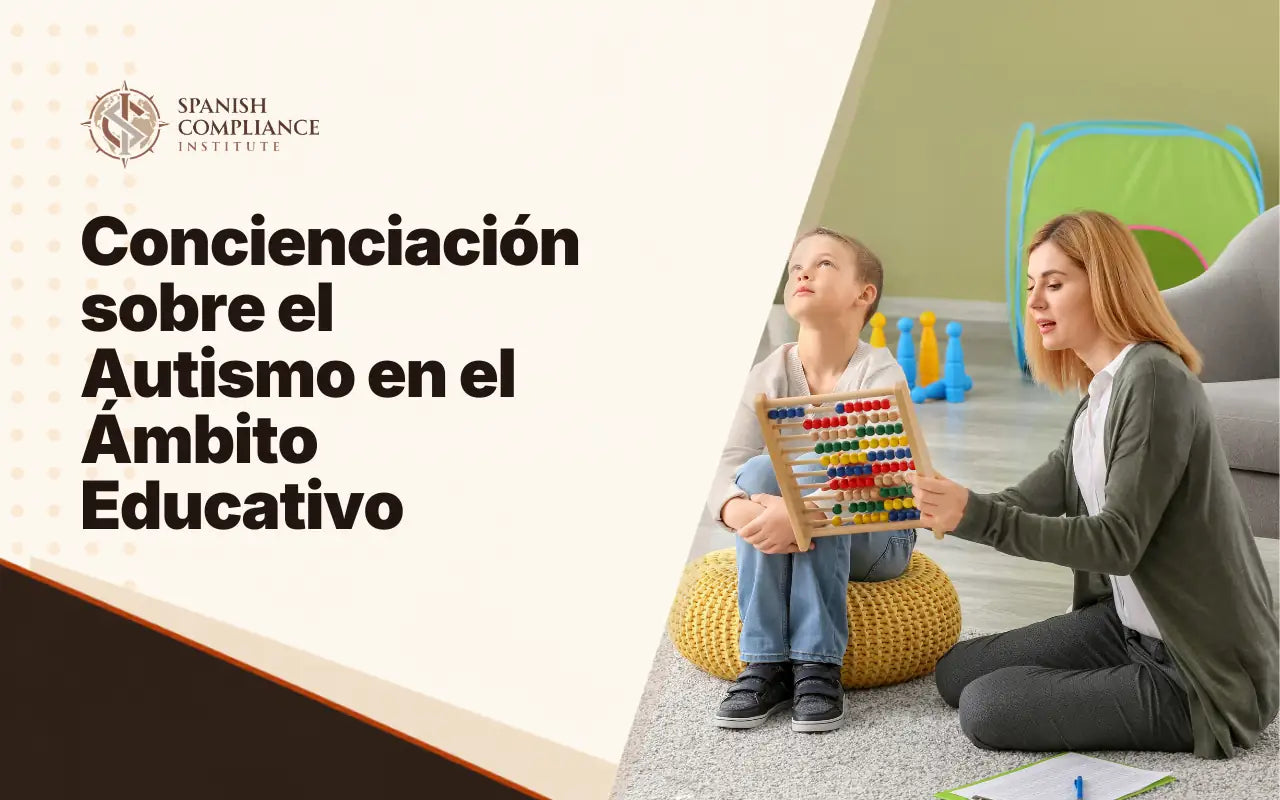 Banner del curso de Sensibilización sobre el Autismo en la Educación que muestra a un educador trabajando con un estudiante joven en el suelo.