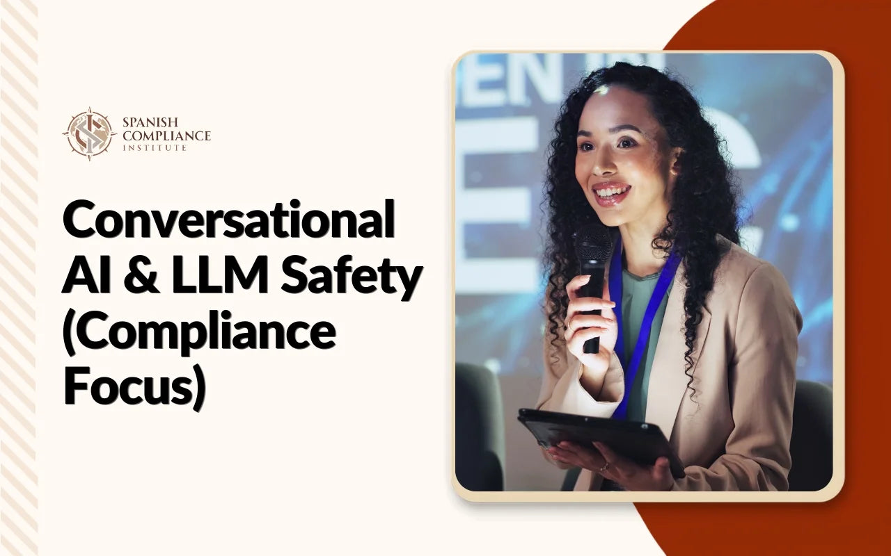 A multi-layered, abstract digital graphic featuring glowing cyan and white geometric patterns, representing the Conversational AI & LLM Safety (Compliance Focus) course by the Spanish Compliance Institute.