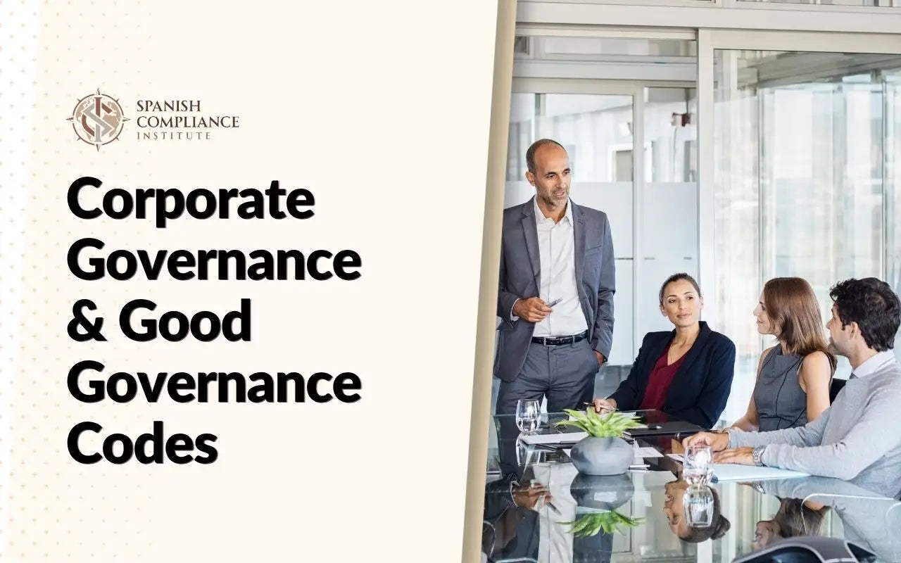 Course graphic for Corporate Governance & Good Governance Codes showing a business executive standing at a glass board table with team members.
