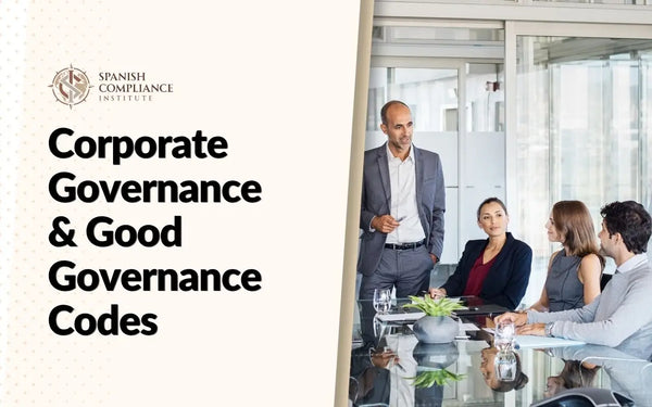 Course graphic for Corporate Governance & Good Governance Codes showing a business executive standing at a glass board table with team members.
