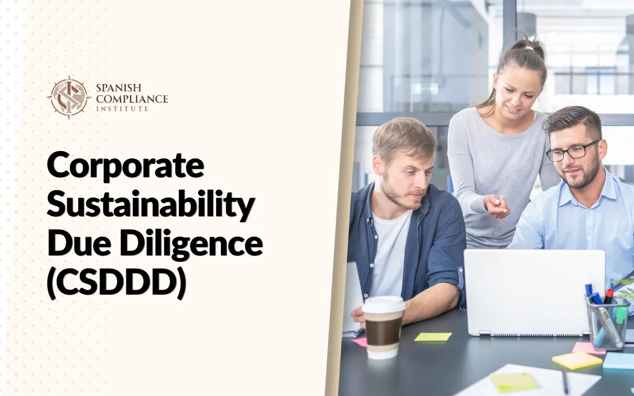 Corporate Sustainability Due Diligence (CSDDD) course graphic showing a business team working together on a laptop.