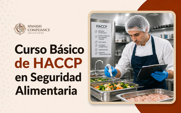 Portada del curso básico de APPCC con un manipulador de alimentos comprobando la temperatura de los alimentos y registrando los controles del APPCC en una cocina comercial.