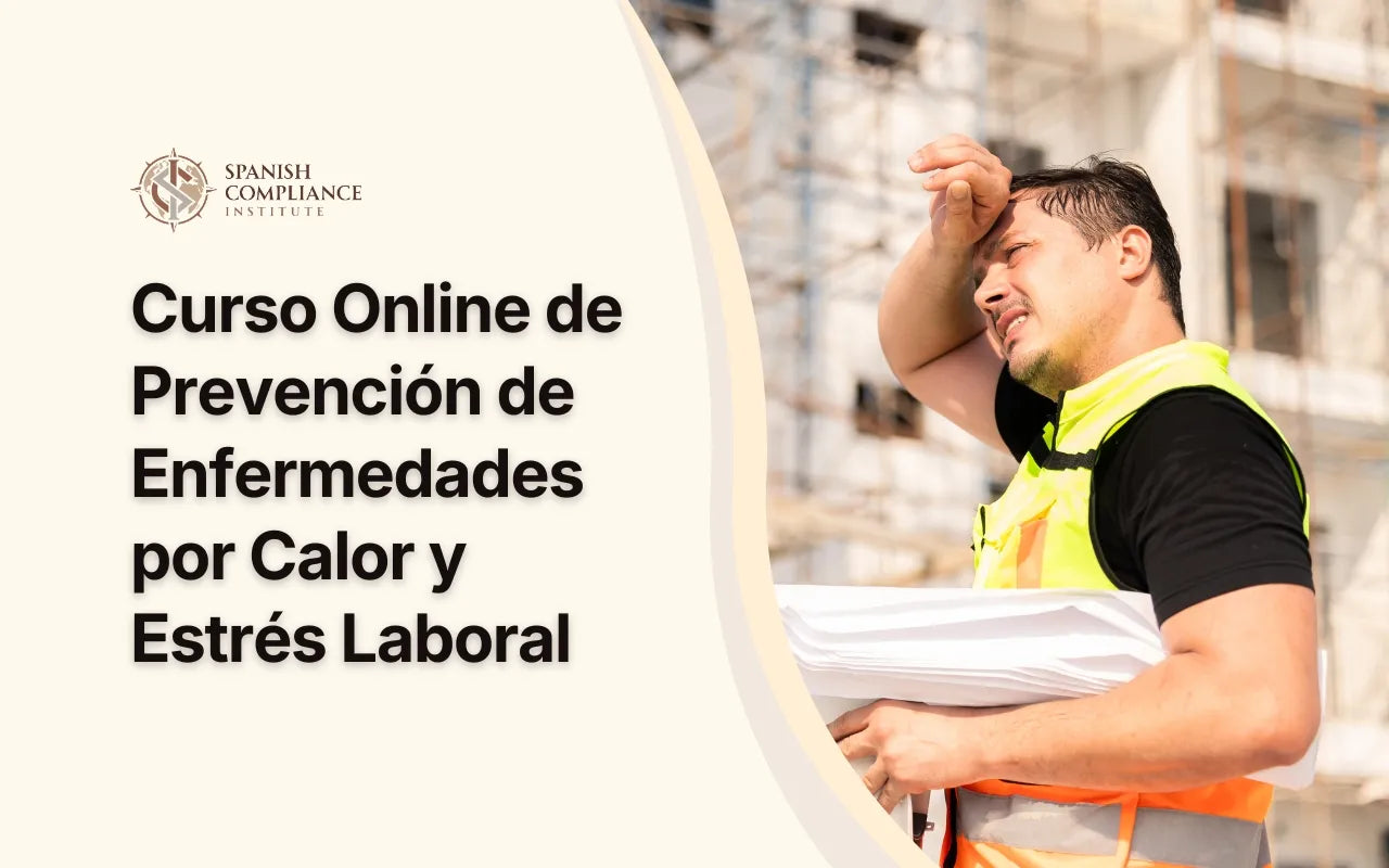 Un trabajador al aire libre tomando un descanso para beber agua de una botella bajo el sol brillante, representando el Curso Online de Prevención de Enfermedades por Calor y Estrés Laboral de Spanish Compliance Institute.
