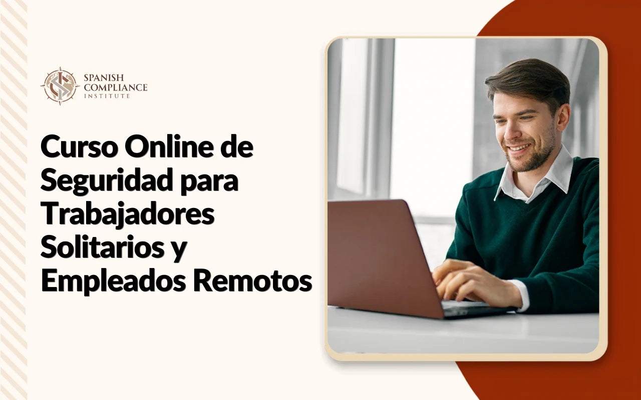 Banner informativo del Curso Online de Seguridad para Trabajadores Solitarios y Empleados Remotos, mostrando a una empleada remota trabajando con un ordenador en una oficina en casa moderna y luminosa.