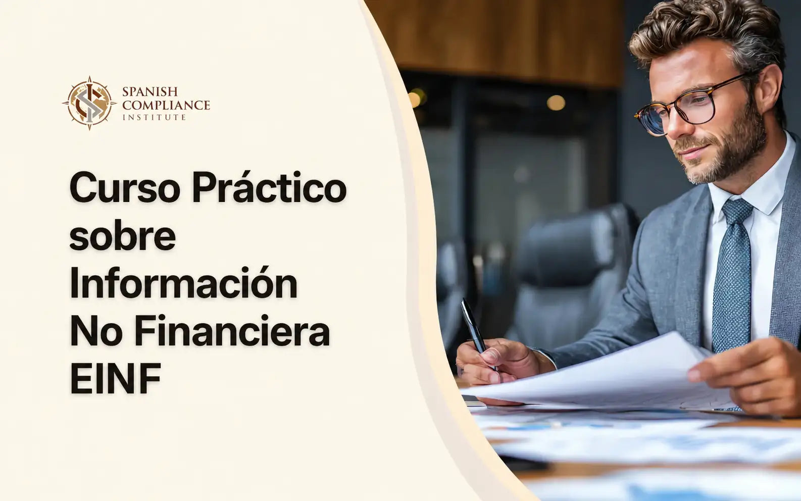 Portada del Curso Práctico sobre Información No Financiera EINF, con un concepto de informes corporativos que representa la divulgación ESG, sostenibilidad empresarial, cumplimiento normativo y aplicación práctica de los informes de información no financiera.