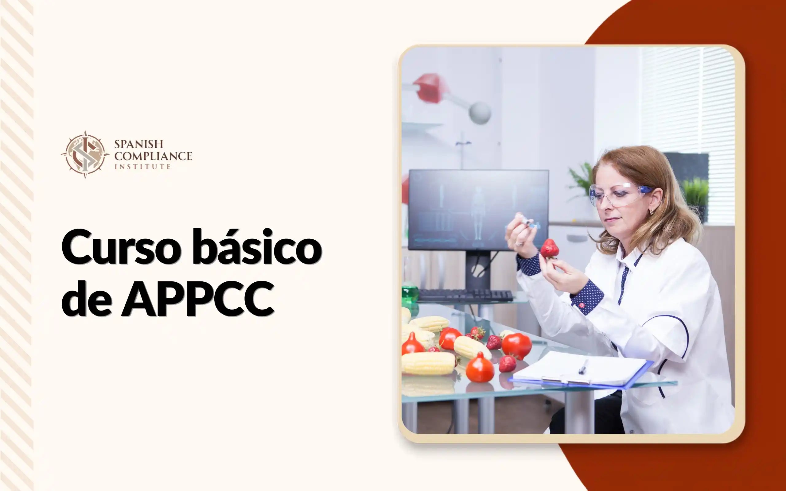 Profesional de control de calidad inspeccionando una fresa en un entorno de laboratorio durante el Curso Básico de APPCC