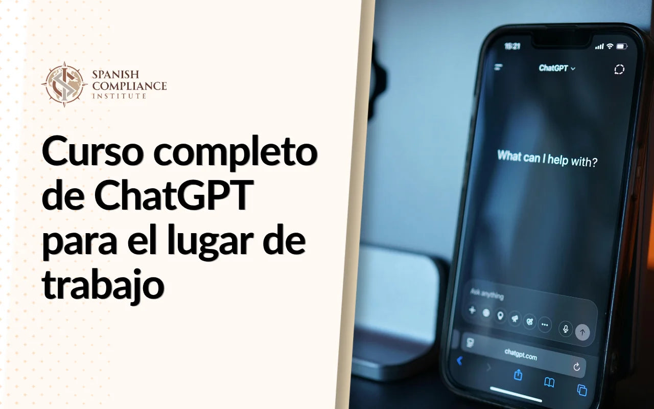 Portada del Curso completo de ChatGPT para el lugar de trabajo, con un concepto de formación en inteligencia artificial que muestra ChatGPT como herramienta de productividad, automatización laboral, asistencia digital y desarrollo de habilidades profesionales.