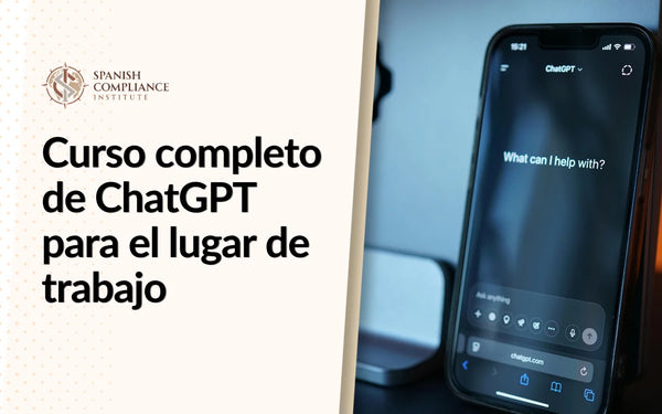 Portada del Curso completo de ChatGPT para el lugar de trabajo, con un concepto de formación en inteligencia artificial que muestra ChatGPT como herramienta de productividad, automatización laboral, asistencia digital y desarrollo de habilidades profesionales.