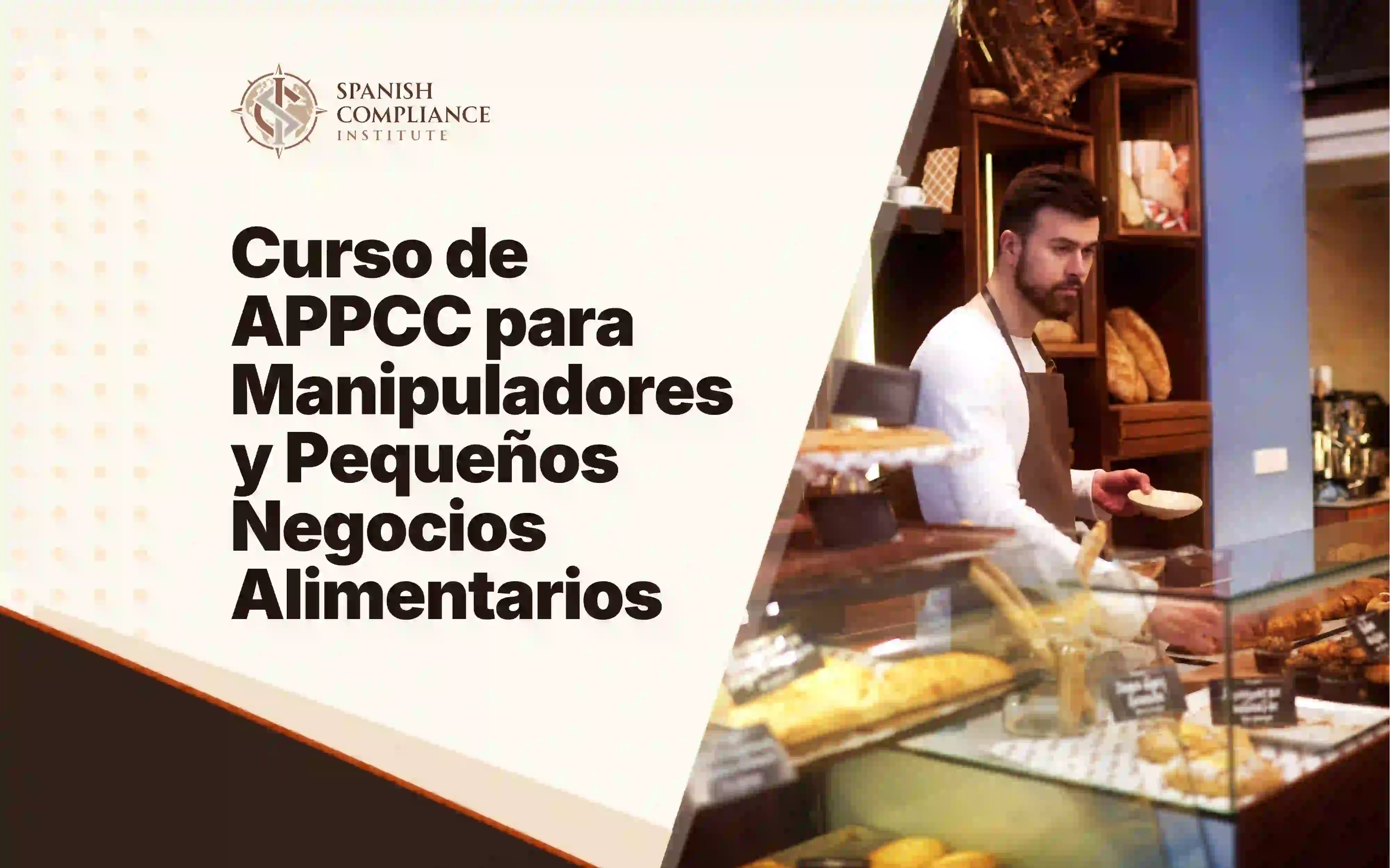 Manipulador de alimentos con delantal trabajando en el mostrador de una cafetería durante el Curso de APPCC para Manipuladores y Pequeños Negocios Alimentarios.