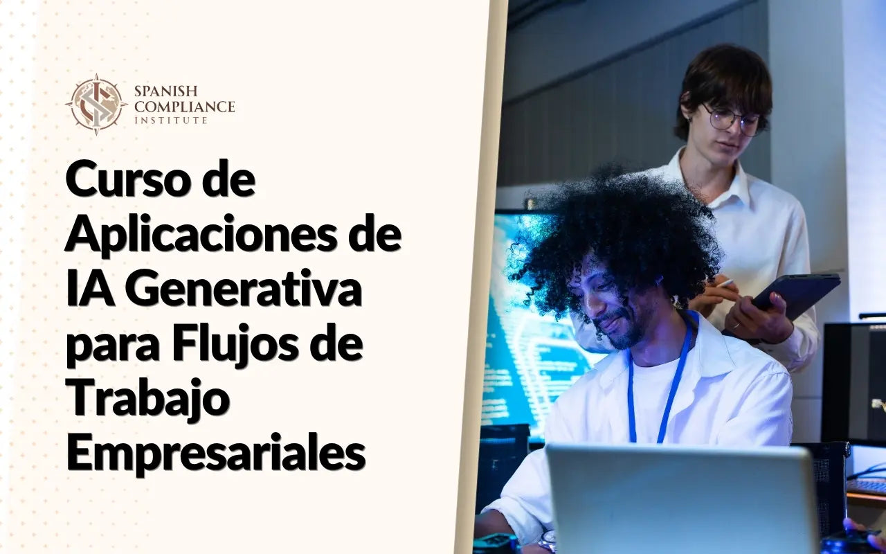 Un gráfico abstracto moderno con paneles digitales brillantes superpuestos, líneas de datos de servidores futuristas y tonos degradados en azul, representando el Curso de Aplicaciones de IA Generativa para Flujos de Trabajo Empresariales de Spanish Compliance Institute.