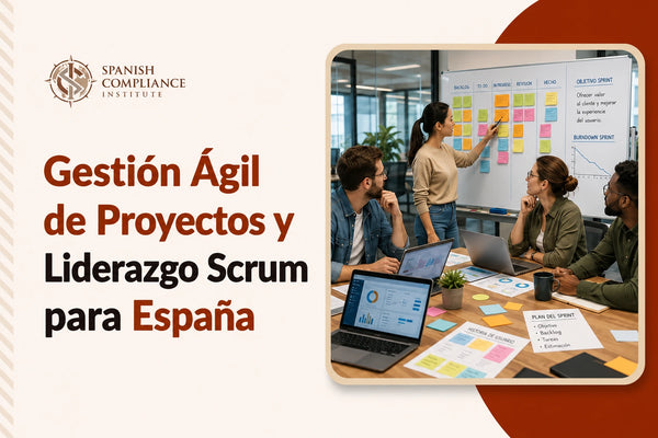 Agile Project Management and Scrum Leadership course cover featuring a team planning a sprint around a Scrum board in an office meeting.