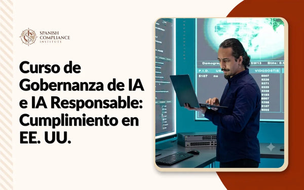 Banner informativo del Curso de Gobernanza de IA e IA Responsable: Cumplimiento en EE. UU., mostrando un gráfico digital futurista de un ojo humano integrado con redes cibernéticas.