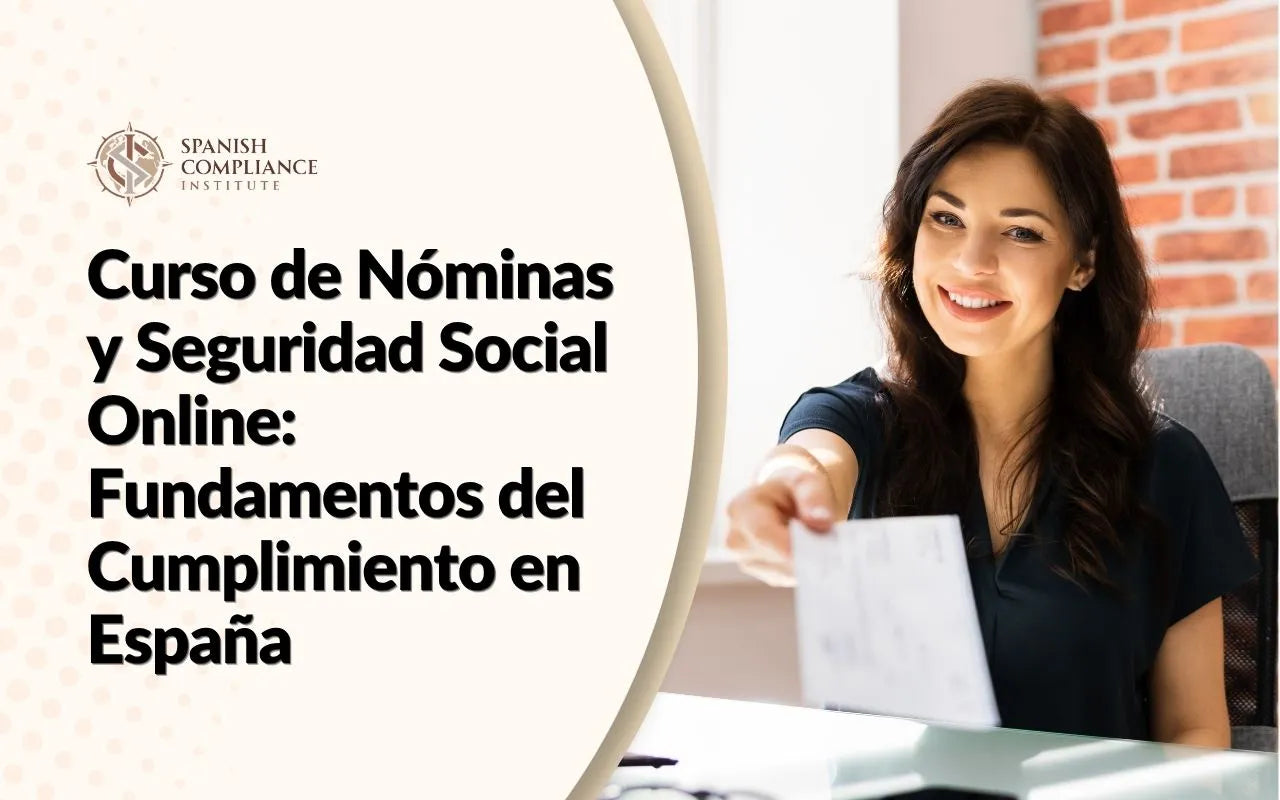 Gráfico del curso de Nóminas y Seguridad Social Online mostrando a una gestora de recursos humanos entregando un documento de pago.