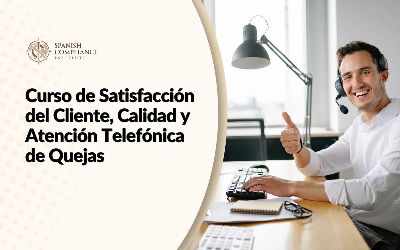 Banner promocional del Curso de Satisfacción del Cliente y Atención de Quejas con un operador telefónico en su escritorio.