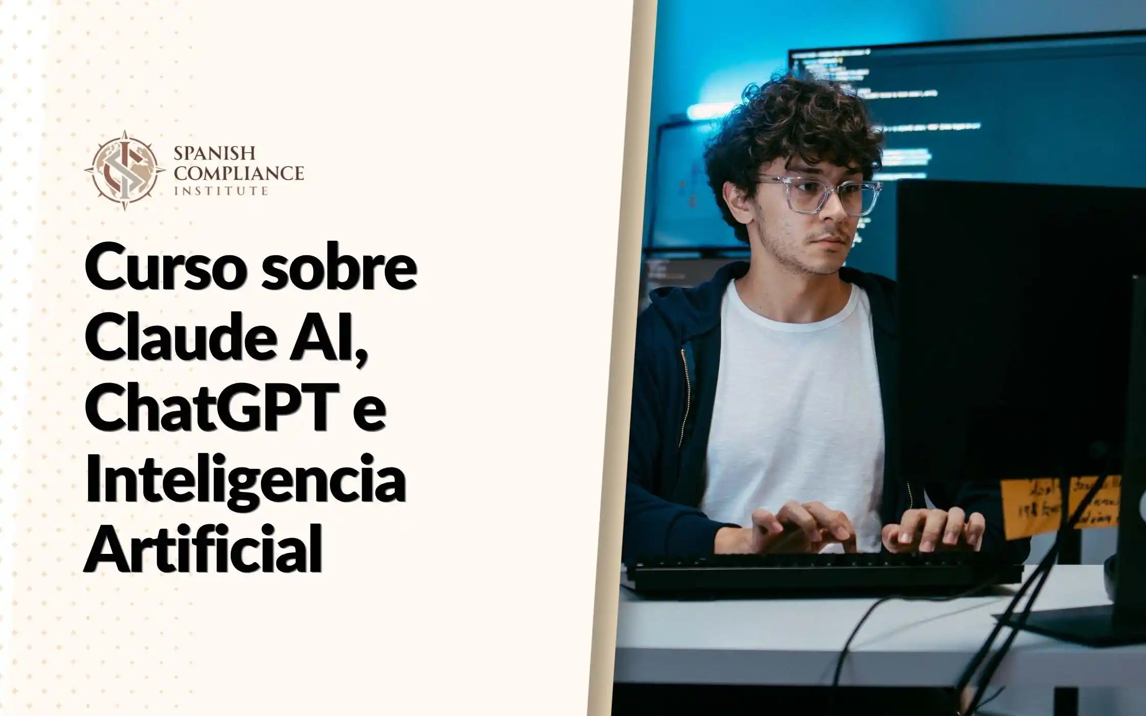 Imagen de portada del curso sobre Claude AI, ChatGPT e inteligencia artificial que muestra a un profesional de la tecnología programando en una estación de trabajo.