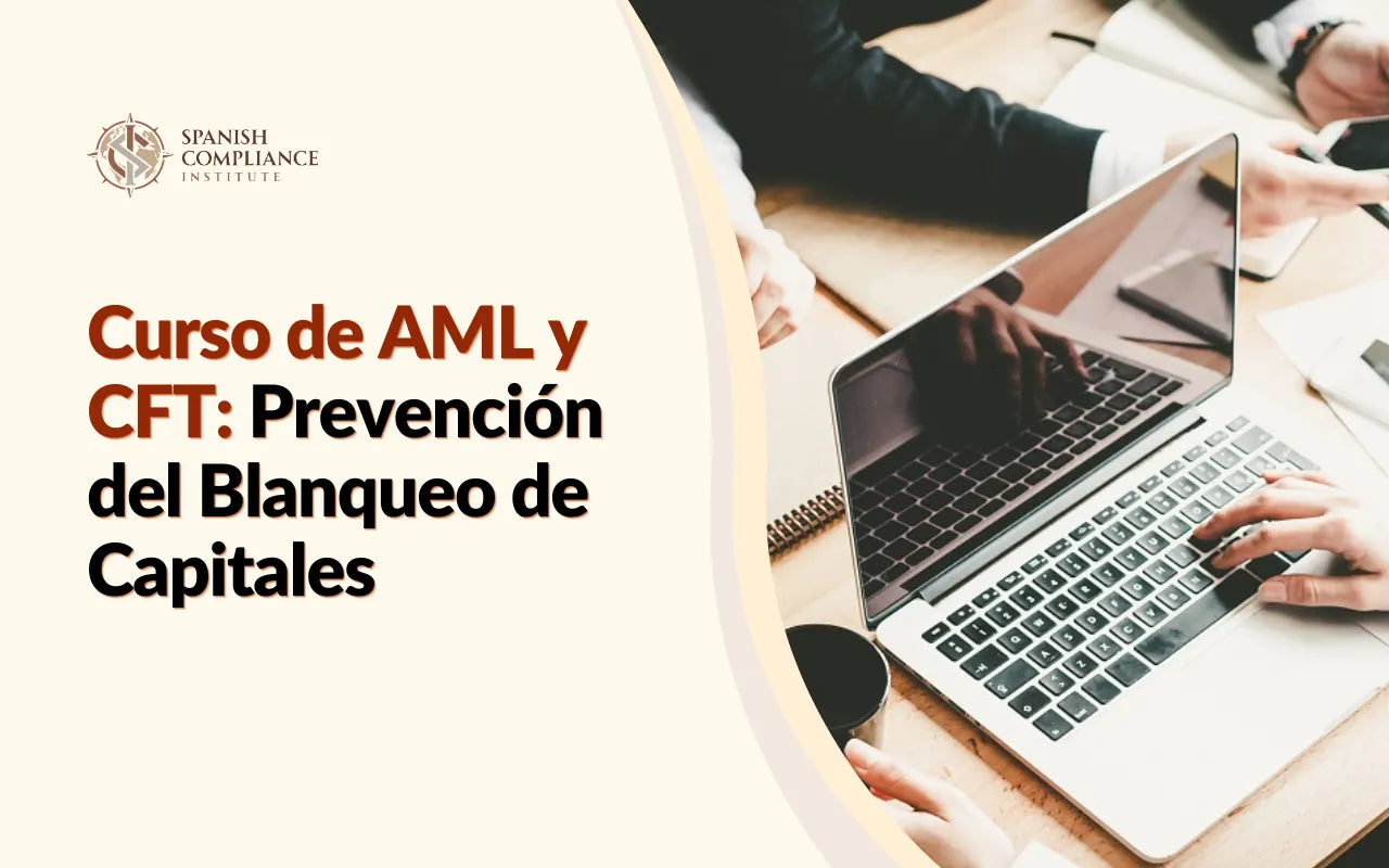 Portada del curso «Curso de AML y CFT: Prevención del Blanqueo de Capitales», con profesionales trabajando en un portátil durante una reunión.
