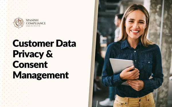 Customer Data Privacy & Consent Management online course graphic showing a happy businesswoman with a tablet.