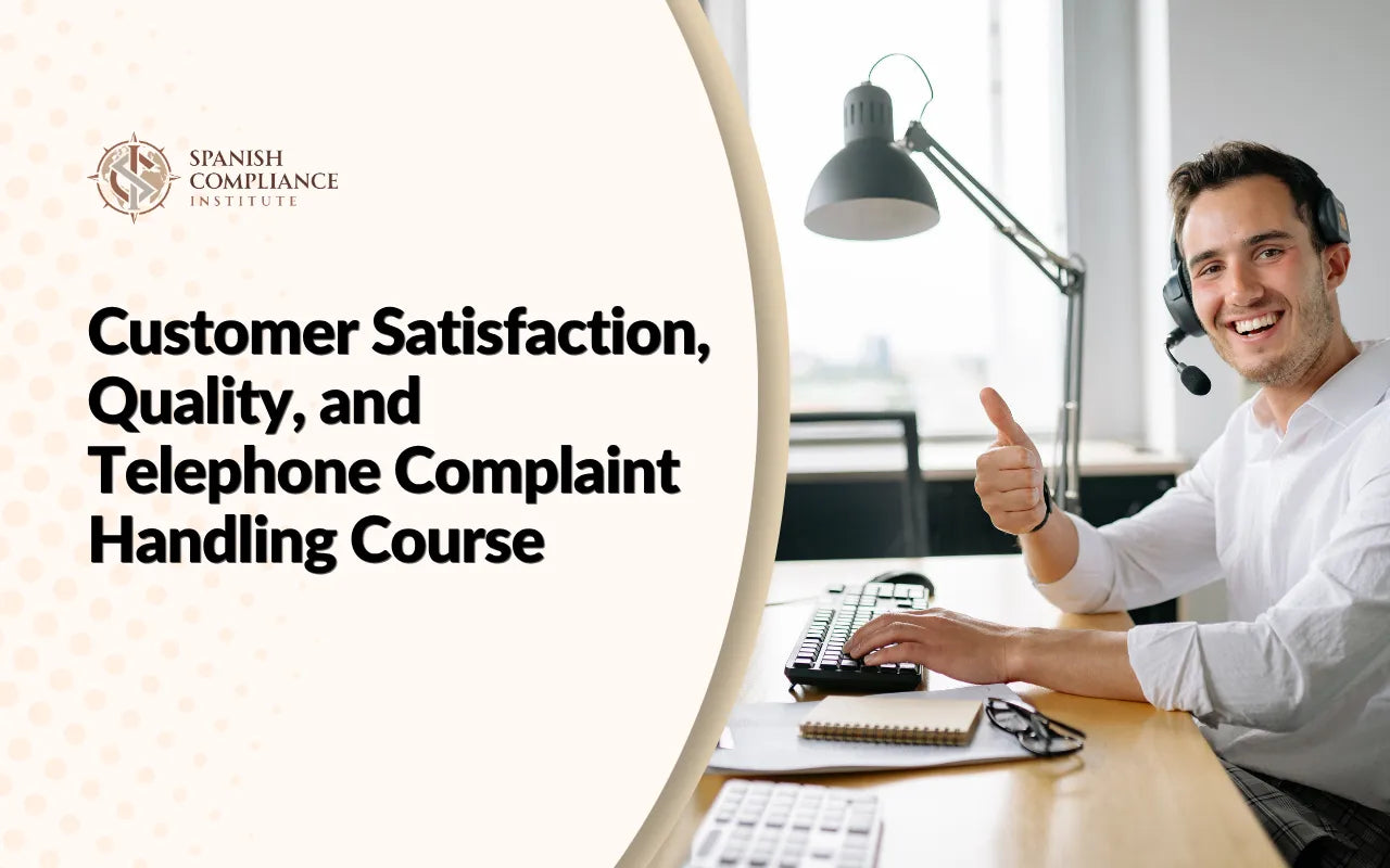 Customer Satisfaction and Complaint Handling course banner showing a cheerful call center agent at his desk.