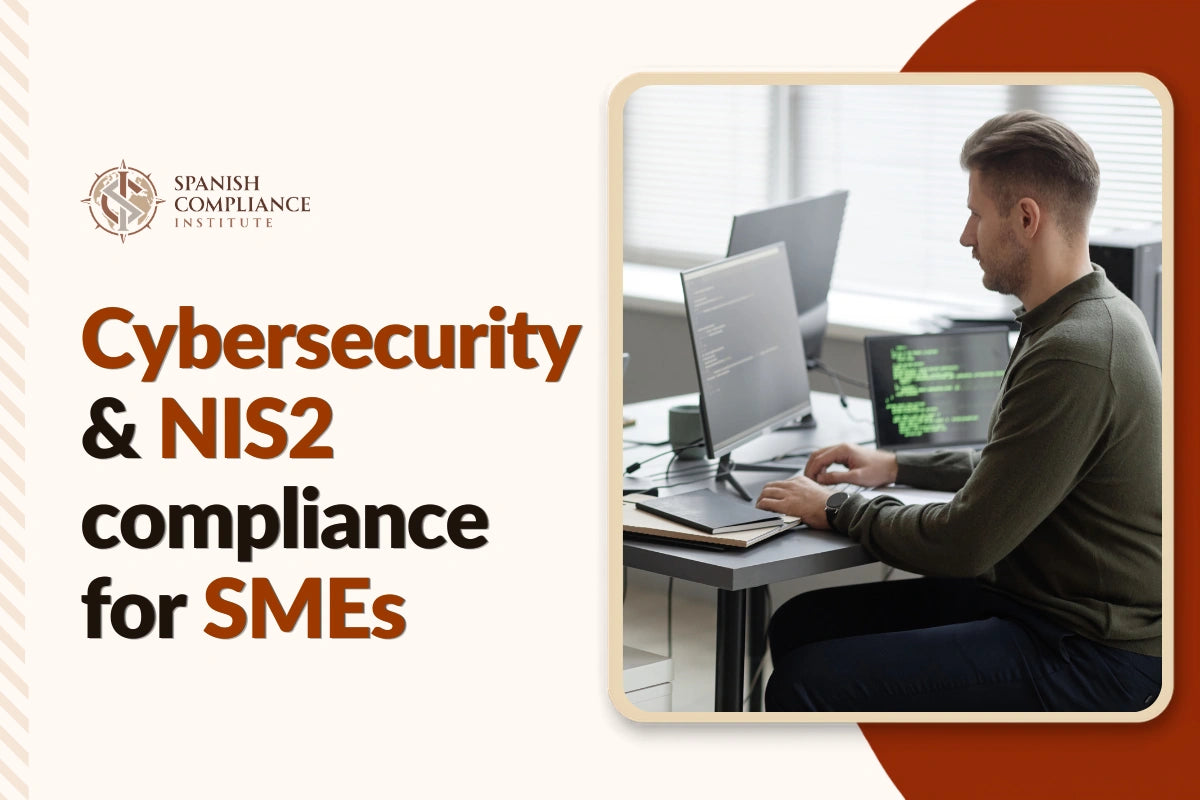 Cybersecurity & NIS2 Compliance for SMEs course cover featuring a man working at computer monitors displaying code.