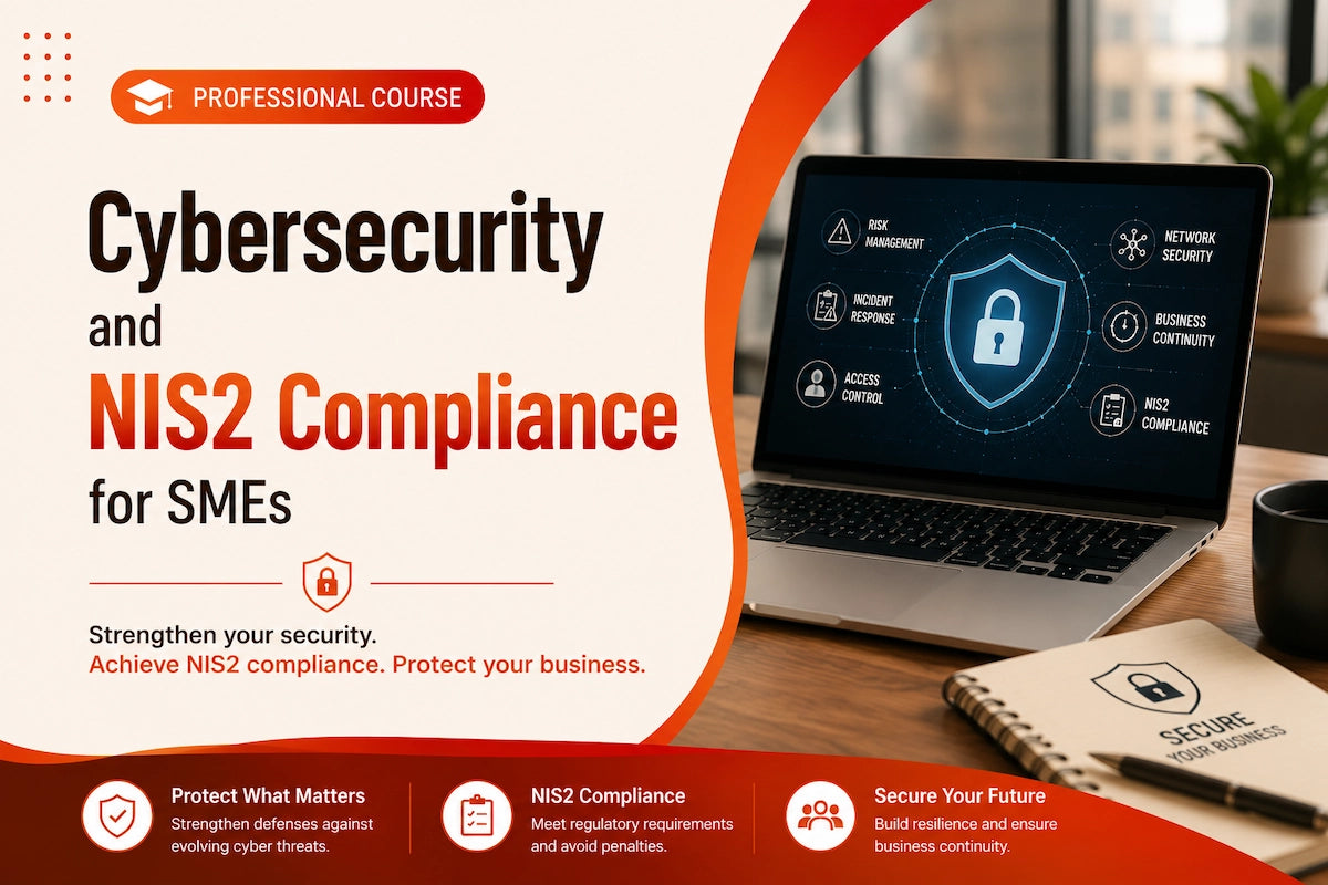 Cybersecurity and NIS2 compliance training banner for SMEs featuring a laptop with digital security shield graphics, risk management, network security, incident response, and business continuity concepts.