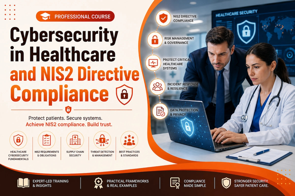 Healthcare cybersecurity and NIS2 compliance course banner featuring medical professionals reviewing secure healthcare systems with cybersecurity dashboards, data protection visuals, and patient data security concepts.