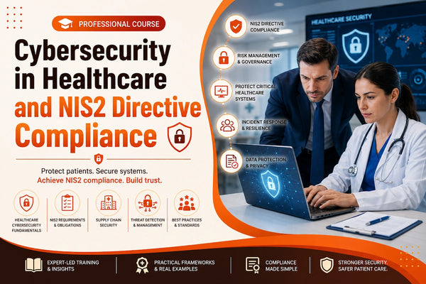 Healthcare cybersecurity and NIS2 compliance course banner featuring medical professionals reviewing secure healthcare systems with cybersecurity dashboards, data protection visuals, and patient data security concepts.