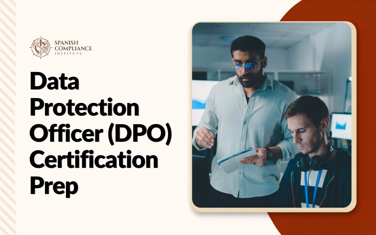 Course graphic for Data Protection Officer (DPO) Certification Prep showing two IT security professionals analyzing data in a server room.