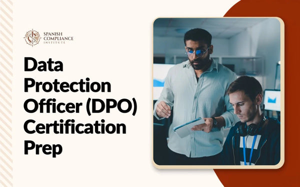 Course graphic for Data Protection Officer (DPO) Certification Prep showing two IT security professionals analyzing data in a server room.