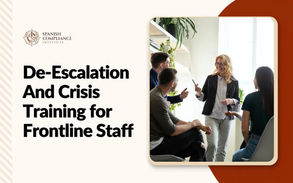 A frontline service professional calmly handling a customer conversation while taking notes, representing the De-Escalation And Crisis Training for Frontline Staff course by the Spanish Compliance Institute.