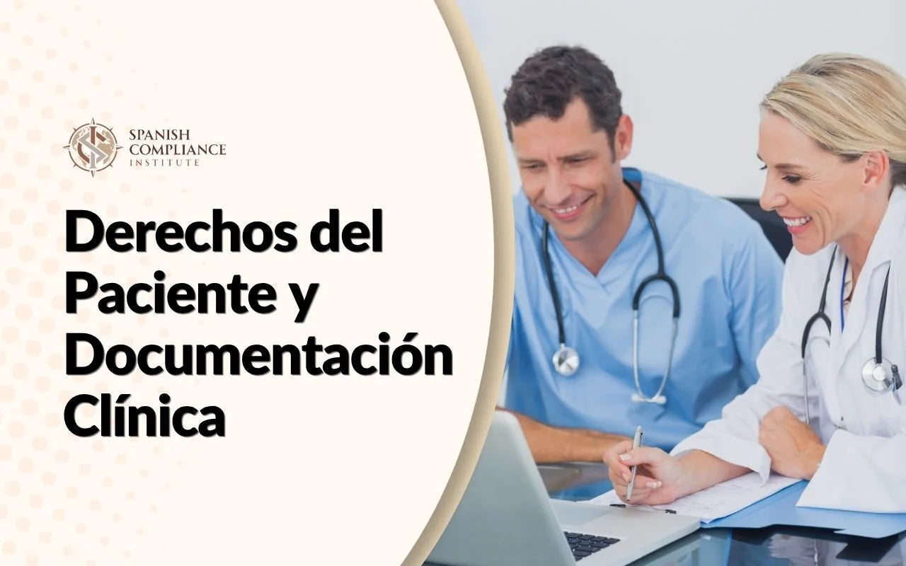 Gráfico del curso Derechos del Paciente y Documentación Clínica con un enfermero y una médica trabajando en una laptop.