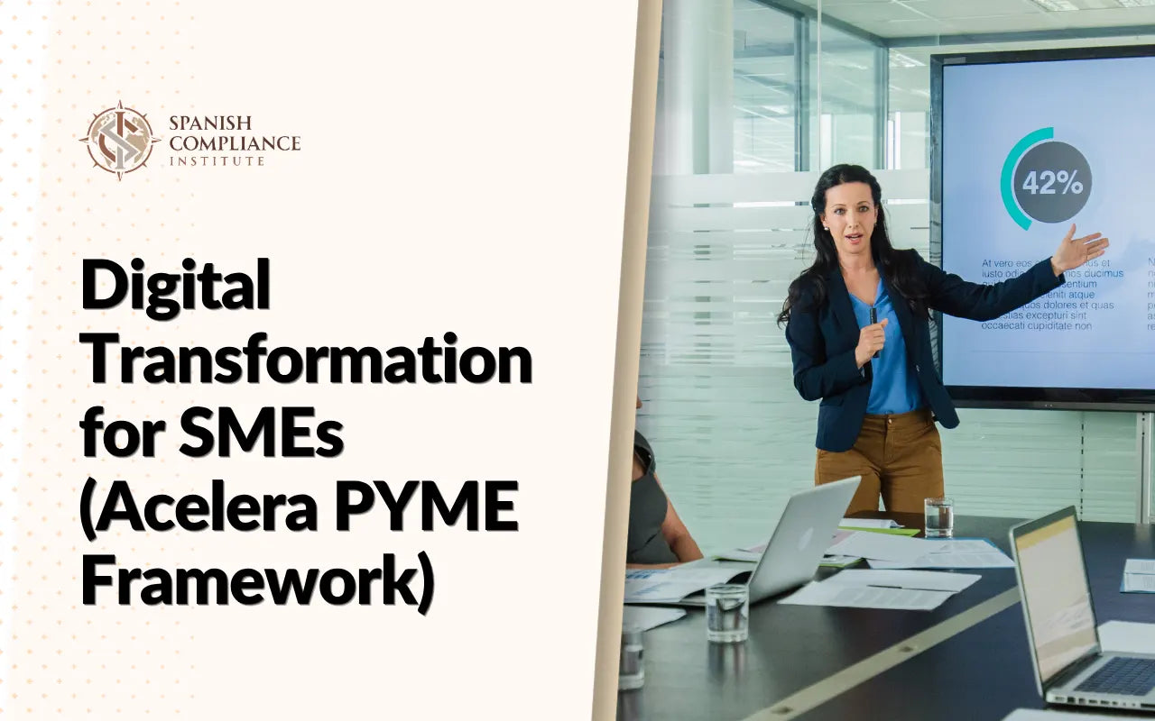 Woman in a business meeting presenting a chart on "Transformación Digital para PYMES (Marco Acelera PYME)" for the Spanish Compliance Institute.